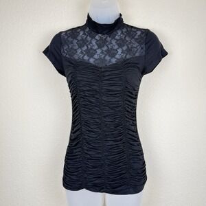 Vtg Forever 21 Lace Top M Black Sheer Mesh Floral Mock Neck Romantic Cottagecore